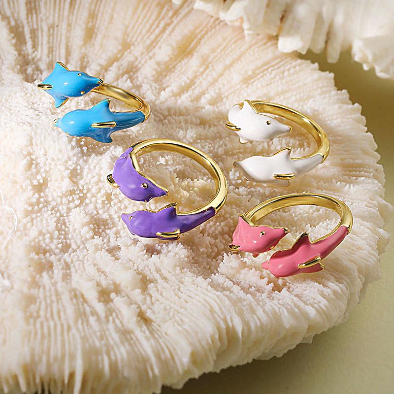 Colorful Enamel Dolphin Rings Blue Dolphin Opening Size Adjustable DIY Jewelry Gifts for her