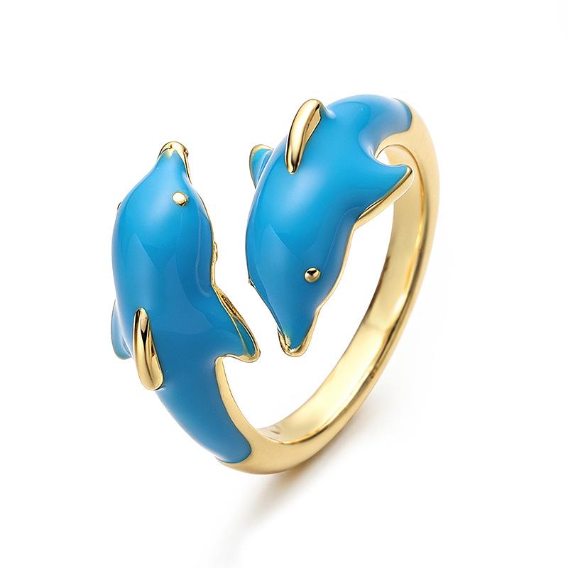 Colorful Enamel Dolphin Rings Blue Dolphin Opening Size Adjustable DIY Jewelry Gifts for her