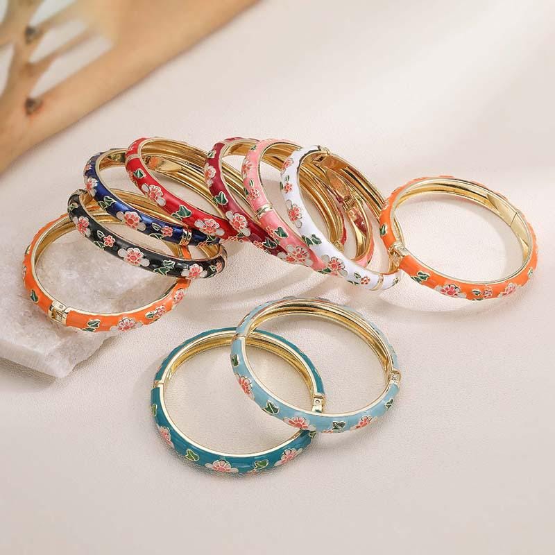 Enamel Flower Bangle, Colorful Oil Drip Round Brass Candy Color Bracelet Jewelry 1 Pc