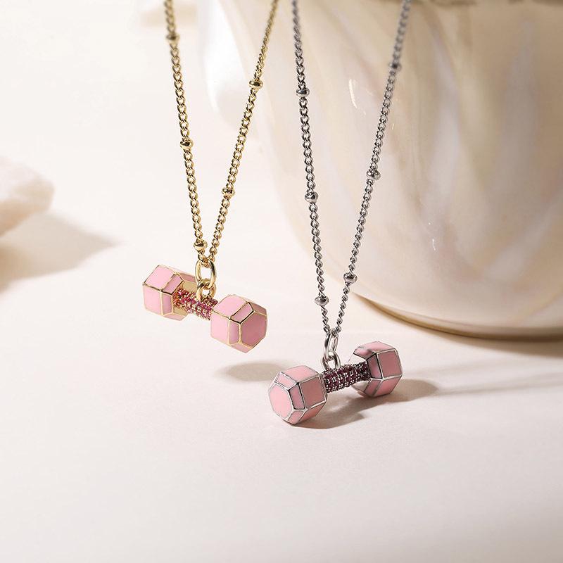 Pink Enamel Dumbbell & Copper Zircon Pendant Necklace, Dopamine Sporty Style Barbell Charm Fitness Gym Lover DIY Gifts for Her