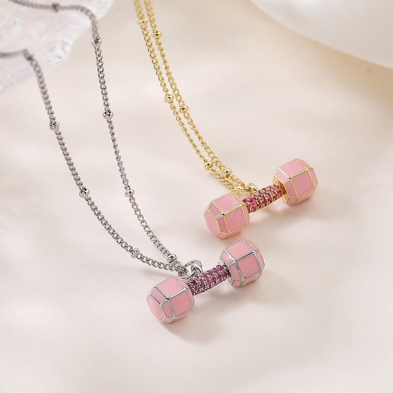 Pink Enamel Dumbbell & Copper Zircon Pendant Necklace, Dopamine Sporty Style Barbell Charm Fitness Gym Lover DIY Gifts for Her