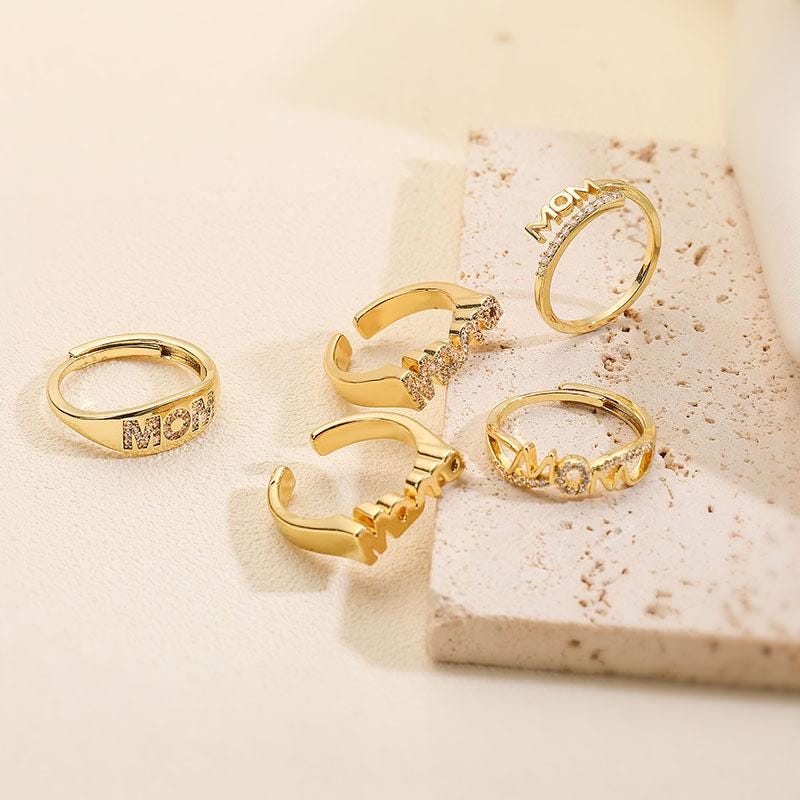 Brass Zircon Mom Letter Rings Opening Adjustable Size Gifts for Mother's Day Mom Ring DIY Gift for Her
