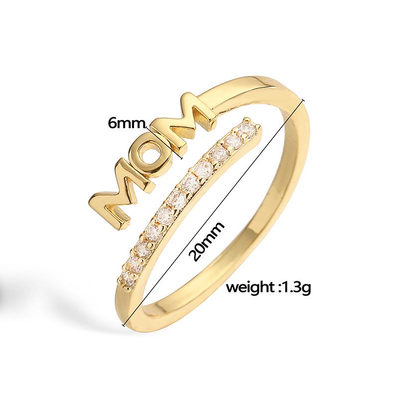 Brass Zircon Mom Letter Rings Opening Adjustable Size Gifts for Mother's Day Mom Ring DIY Gift for Her