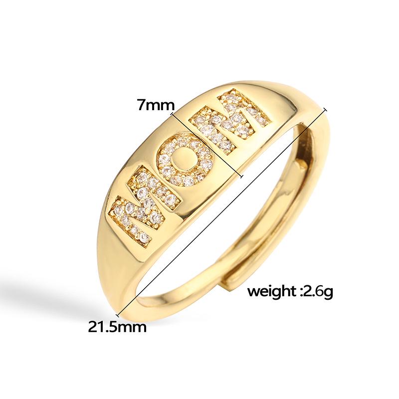 Brass Zircon Mom Letter Rings Opening Adjustable Size Gifts for Mother's Day Mom Ring DIY Gift for Her
