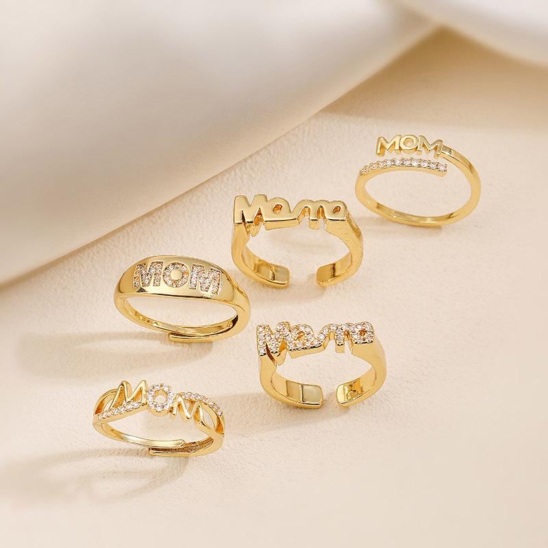 Brass Zircon Mom Letter Rings Opening Adjustable Size Gifts for Mother's Day Mom Ring DIY Gift for Her