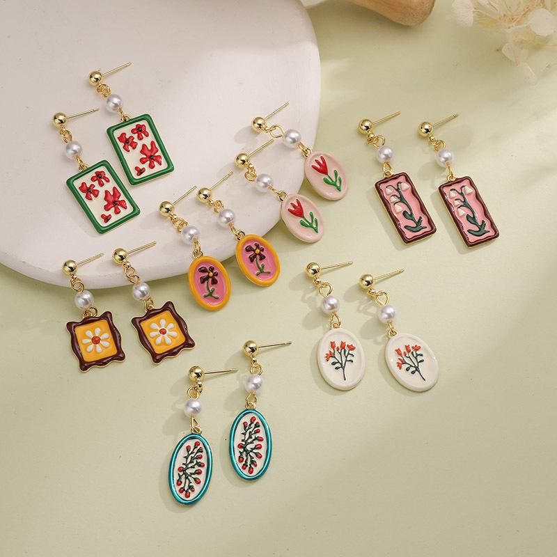 French Vintage Colorful Enamel Flower Earrings Pendant, Tulip Daisy Lily of the Valley Floral Charms for Necklace Making