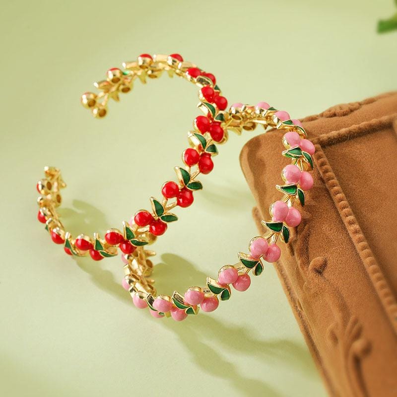 Creative Enamel Cherry Strawberry Bracelet, Enamel Bangle, Opening Adjustable Size Bangle Jewelry DIY Gifts for Women