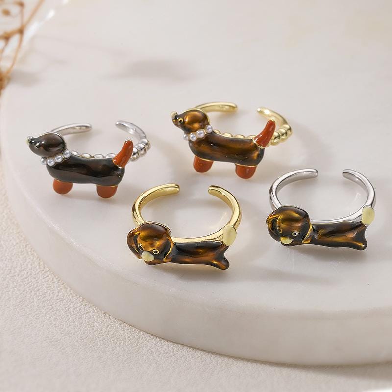 Color Enamel Dachshund Opening Ring, Poodle Pearl Open Adjustable Ring, Cute Dog Animal Statement DIY Gifts for Women