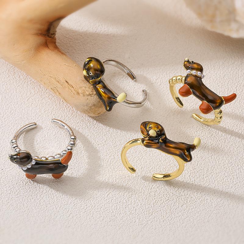 Color Enamel Dachshund Opening Ring, Poodle Pearl Open Adjustable Ring, Cute Dog Animal Statement DIY Gifts for Women