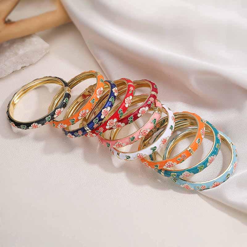 Enamel Flower Bangle, Colorful Oil Drip Round Brass Candy Color Bracelet Jewelry 1 Pc