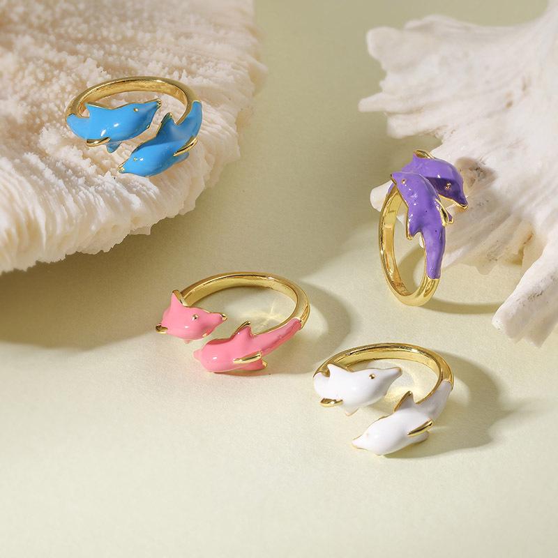 Colorful Enamel Dolphin Rings Blue Dolphin Opening Size Adjustable DIY Jewelry Gifts for her