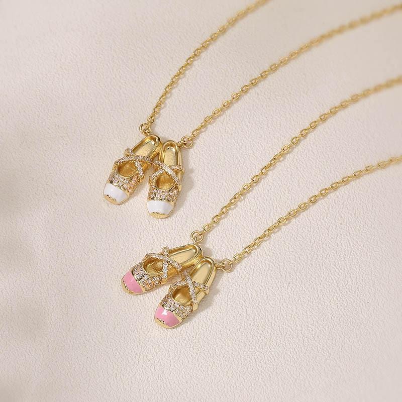 Colorful Enamel Ballet Shoe Rings & Copper Zircon Pendant Necklace, Opening Adjustable Rings DIY Gifts for Women