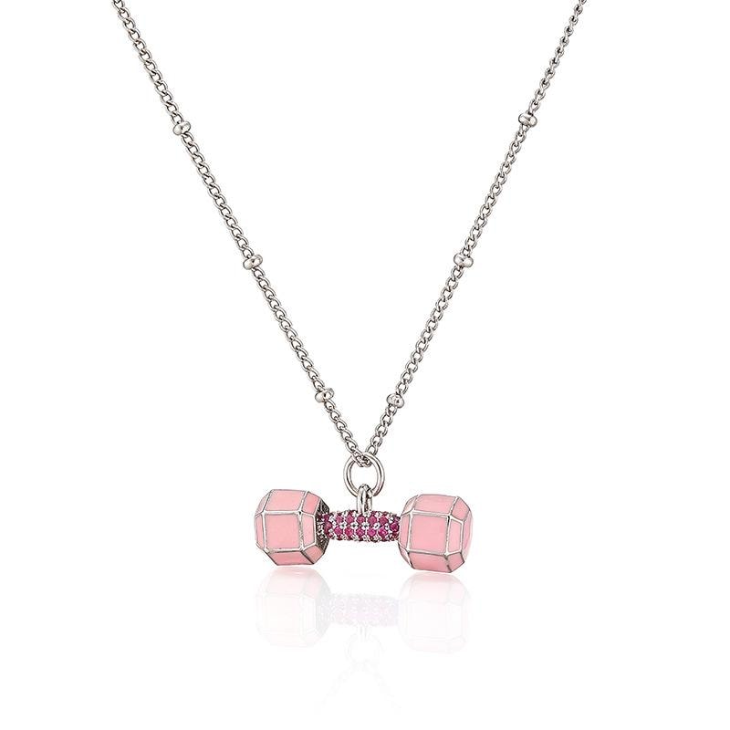 Pink Enamel Dumbbell & Copper Zircon Pendant Necklace, Dopamine Sporty Style Barbell Charm Fitness Gym Lover DIY Gifts for Her
