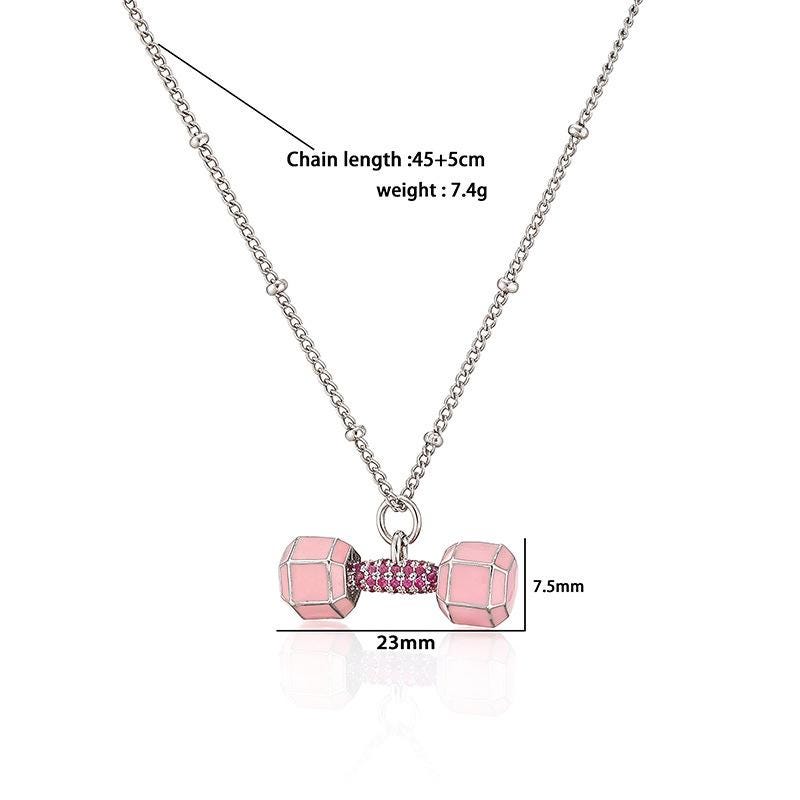 Pink Enamel Dumbbell & Copper Zircon Pendant Necklace, Dopamine Sporty Style Barbell Charm Fitness Gym Lover DIY Gifts for Her