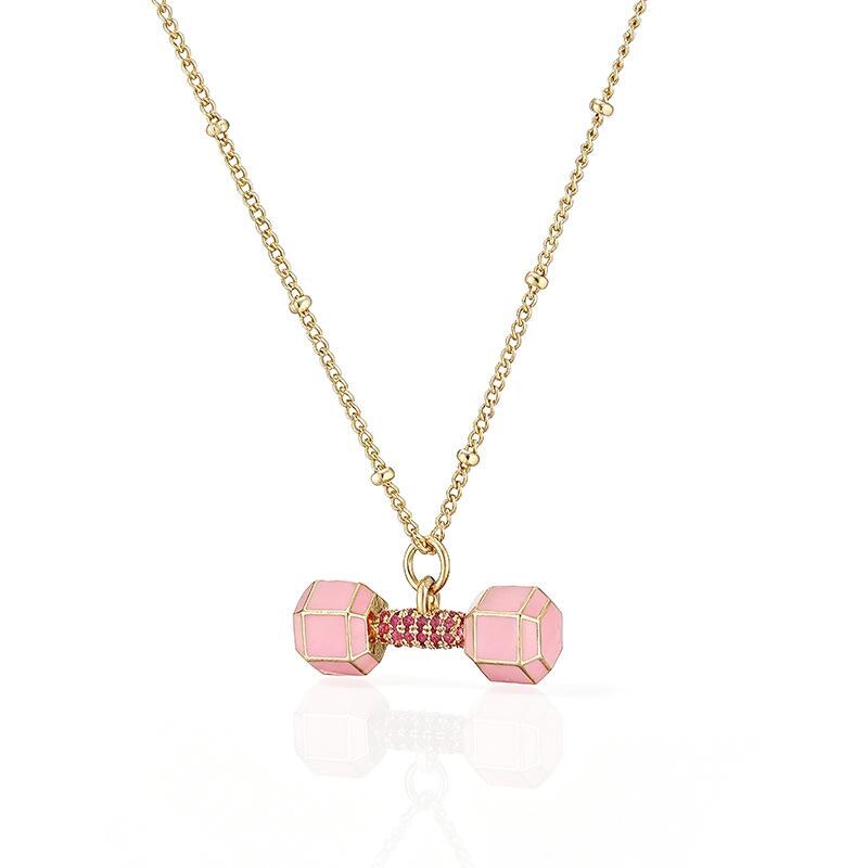Pink Enamel Dumbbell & Copper Zircon Pendant Necklace, Dopamine Sporty Style Barbell Charm Fitness Gym Lover DIY Gifts for Her