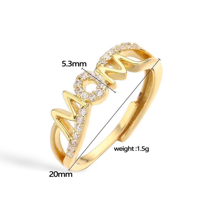 Brass Zircon Mom Letter Rings Opening Adjustable Size Gifts for Mother's Day Mom Ring DIY Gift for Her