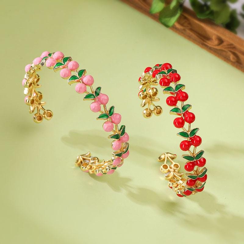 Creative Enamel Cherry Strawberry Bracelet, Enamel Bangle, Opening Adjustable Size Bangle Jewelry DIY Gifts for Women